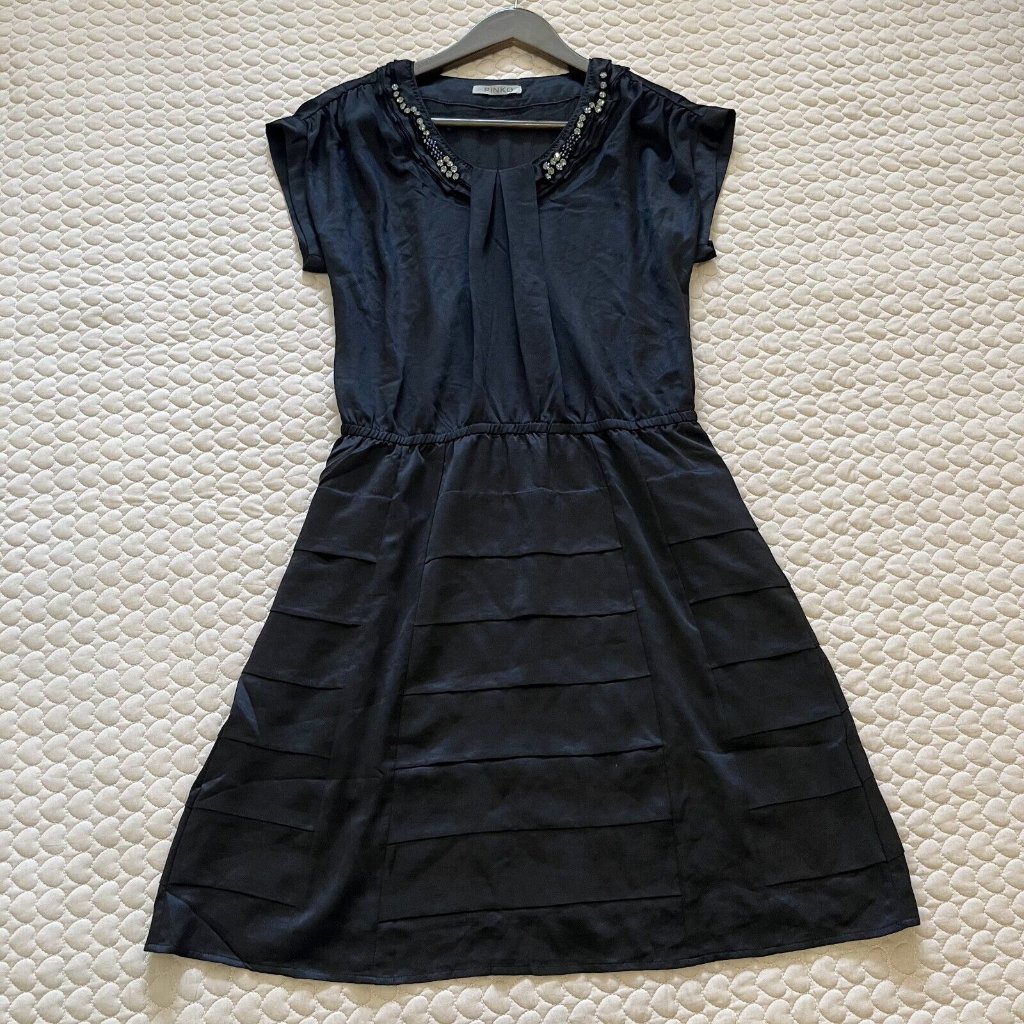 Nwot Pinko Womens Black Rhinestone Beaded Satin Midi Dress Size 8